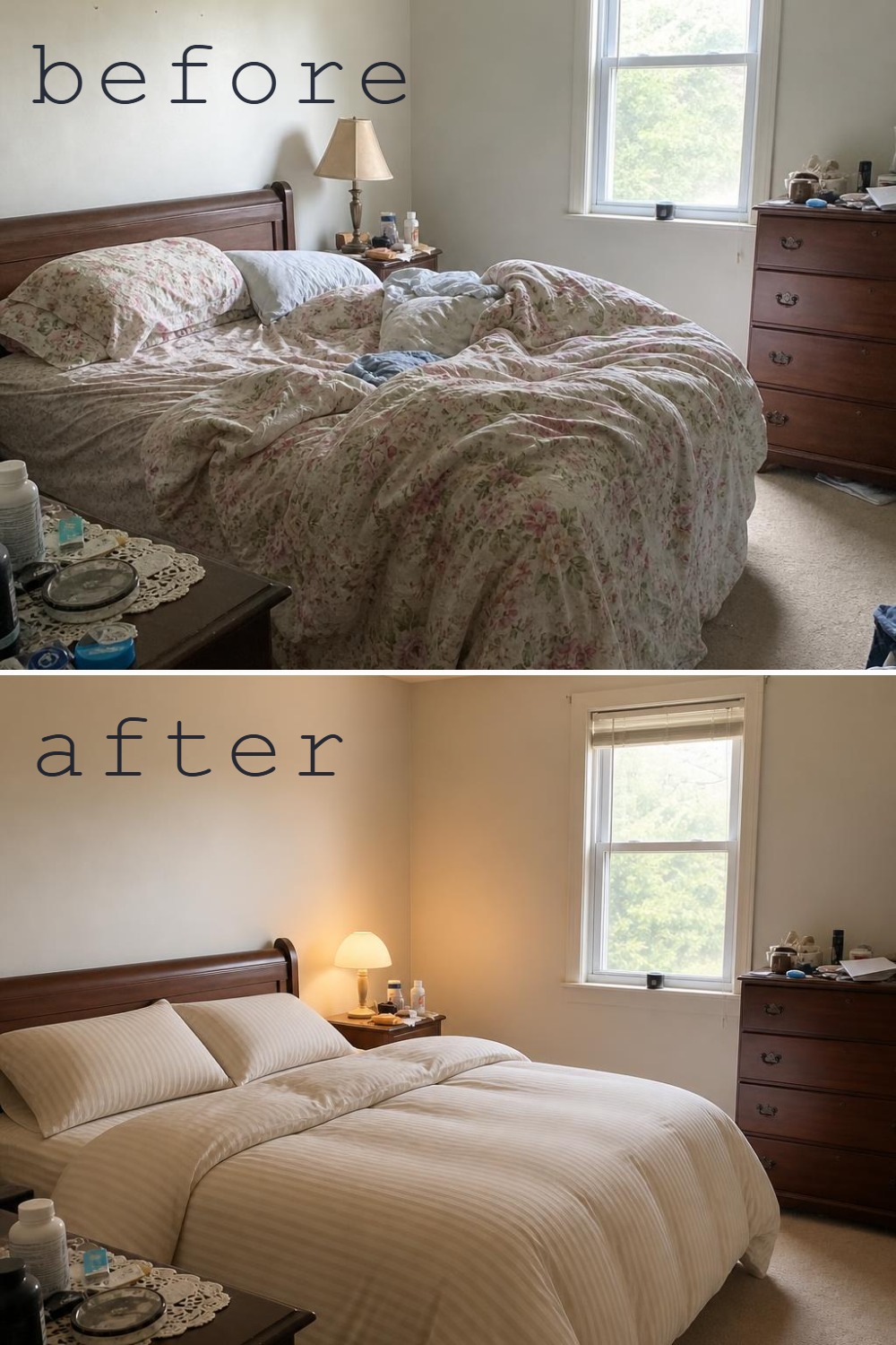 A calmer floral bedroom after redesign